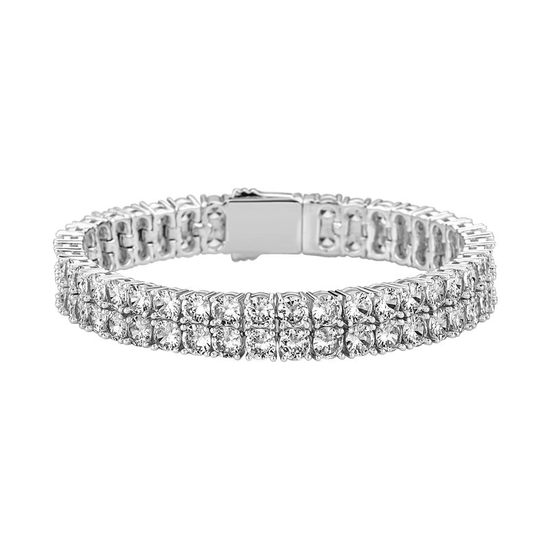 JINAO 2 Rows Silver Tennis Bracelet Iced Out Cubic Zirconia Lab Simulated Diamond Bracelet 14K Gold Plated Wrist Chain for Women Mens Accessories Hip Hop Jewelry (9" Silver) - Image 1